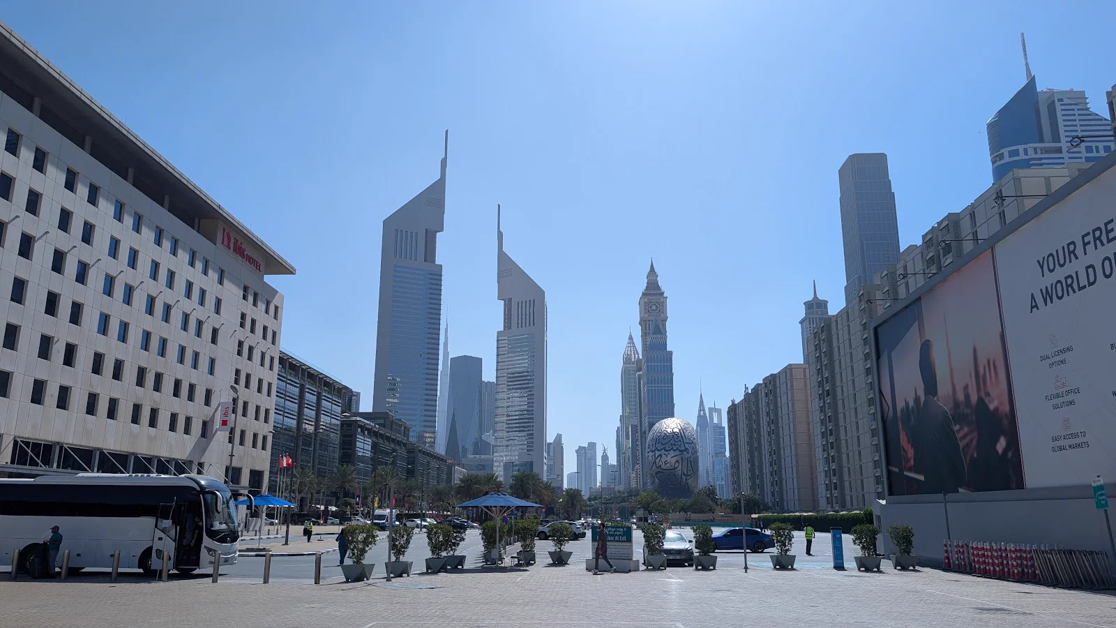 Museum of the Future and Emirates Towers under clear blue skies