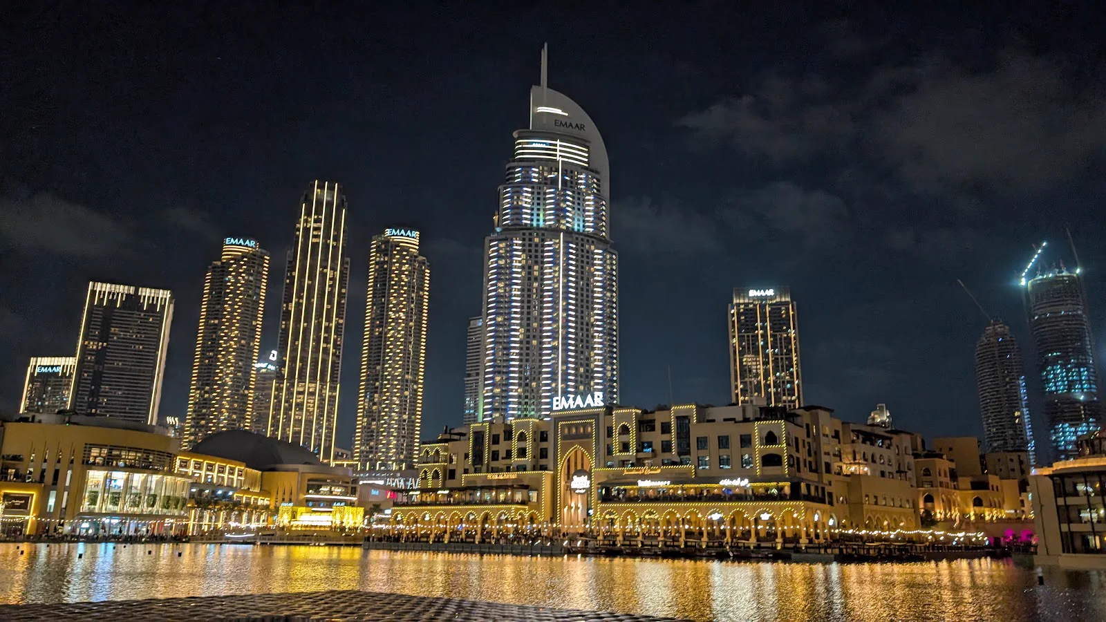 Downtown Dubai waterfront lights at night