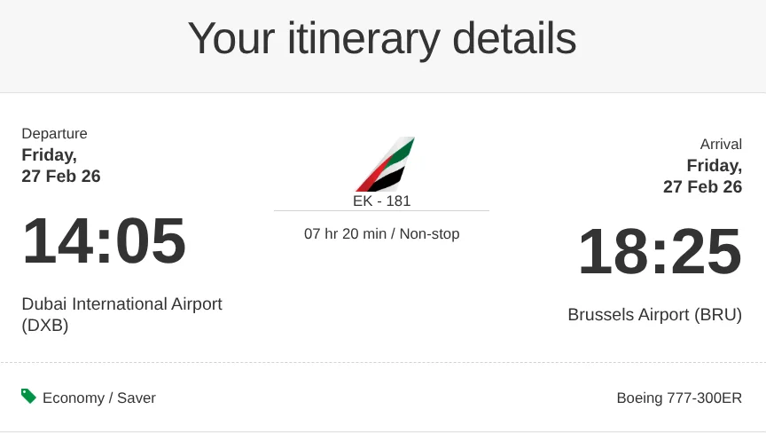 Emirates EK-181 Itinerary: DXB 14:05 to BRU 18:25 on Friday 27 Feb 2026