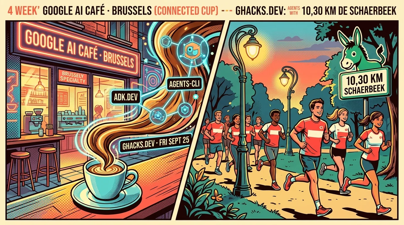 Google AI Café Brussels (Connected Cup) & 10,30 km de Schaerbeek — Popsy Franco-Belgian illustration pairing espresso-fueled ADK agents in Brussels' EU Quarter with twilight runners in Parc Josaphat