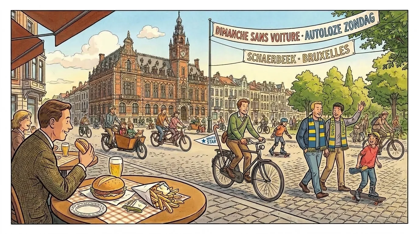 Schaerbeek on Car-Free Sunday — Hôtel Communal de Schaerbeek, Royal White Star HC hockey stick on a bicycle, Union Saint-Gilloise scarves, a crusty round pistolet américain, and a cone of Belgian frites