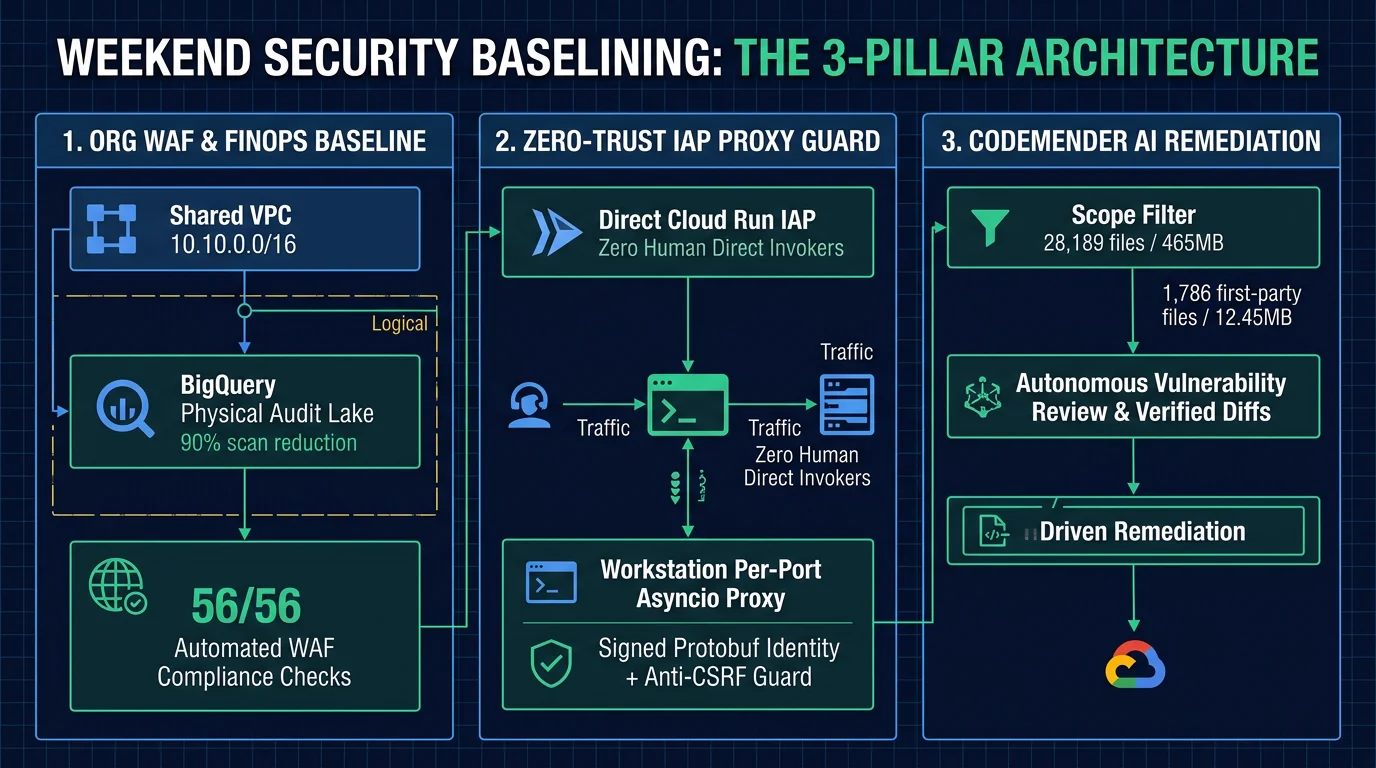 Weekend Security Baselining Architecture — The 3 Pillars Blueprint: GCP Architecture Framework Alignment, Zero-Trust IAP Proxy Guard, and CodeMender Autonomous Remediation