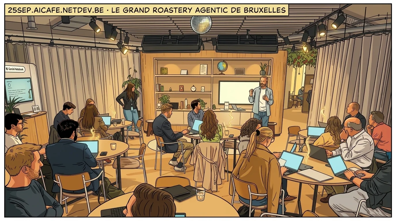 25sep.aicafe.netdev.be — Le Grand Roastery Agentic de Bruxelles rendered in Franco-Belgian ligne claire comic style
