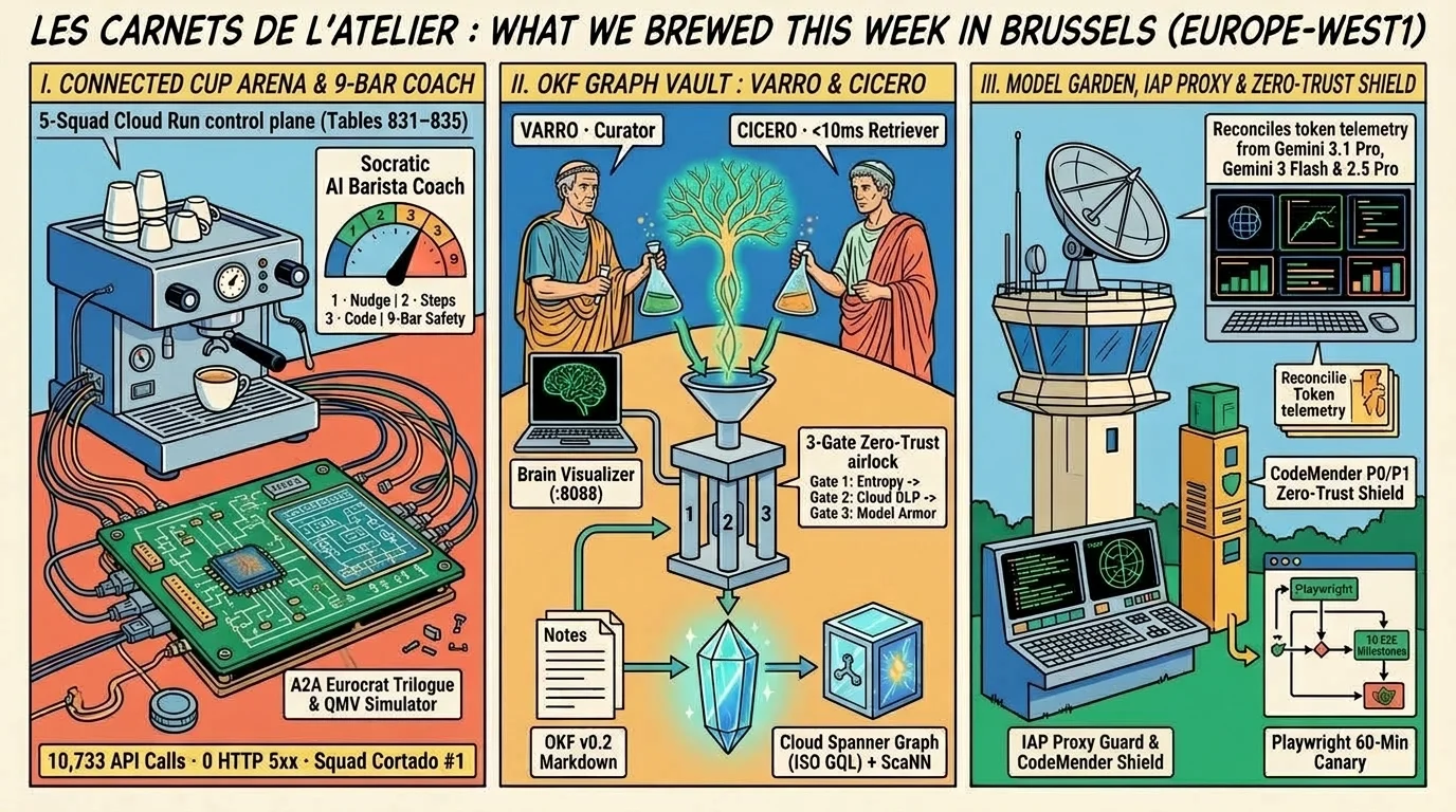 Les Carnets de l'Atelier: 3-Panel Ligne Claire Technical Comic Strip — Connected Cup Arena, OKF Graph Vault (Varro & Cicero), and Model Garden + IAP Proxy Zero-Trust Shield