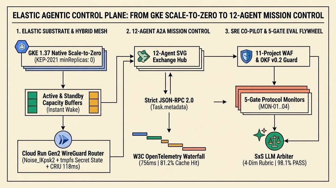 Elastic Agentic Control Plane Architecture Diagram showing 1. Elastic Substrate & Hybrid Mesh, 2. 12-Agent A2A Mission Control, and 3. SRE Co-Pilot & 5-Gate Eval Flywheel