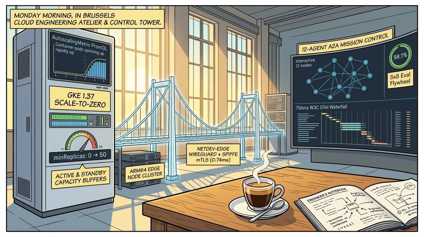 Monday Morning in the Brussels Cloud Engineering Atelier: GKE 1.37 Scale-to-Zero, netdev-edge WireGuard + SPIFFE mTLS Bridge, and 12-Agent A2A Mission Control rendered in Franco-Belgian ligne claire style
